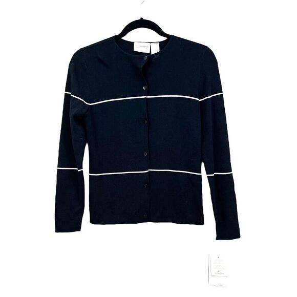 Liz Claiborne Petite Cardigan Sweater Stripe Black White Button Up Women Size P‎ - Picture 1 of 6